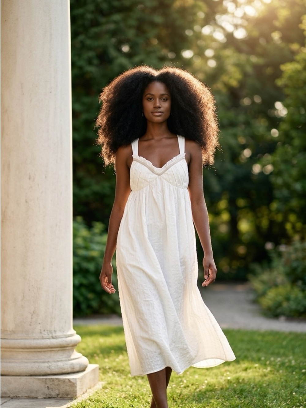 Free People free-est Poppy Cotton Seersucker Ivory Midi‎ Dress Size M